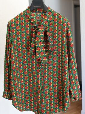 Vintage Multicolor Geometric Tie-Neck Blouse Japan size M-L